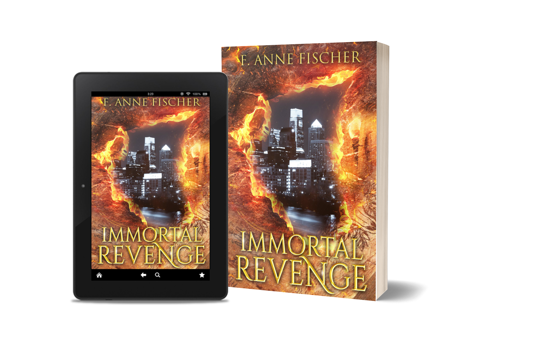 Paperback and Ebook pictures of Immortal Revenge. Cover shows black and white image of the Philadelphia skyline surrounded by flames. Title "Immortal Revenge" and author name "F. Anne Fischer" in gold lettering on the top and bottom of the cover.